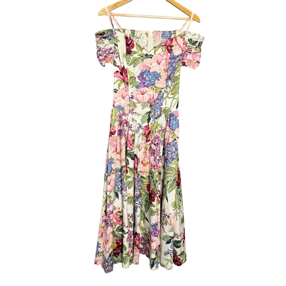 Moda Int'l Dress Women XS Floral Cold Shoulder Midi‎ Cottage Praire Garden Vtg - Picture 2 of 13